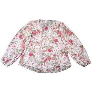 Autres Filles Floral‎ Blouse XL White Pink Metallic Boho Cottage Feminine Church